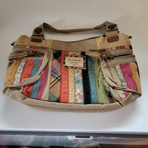 VTG Fossil Soft Canvas Boho Patchwork Shoulder Bag Leather Accent & Key Charm
